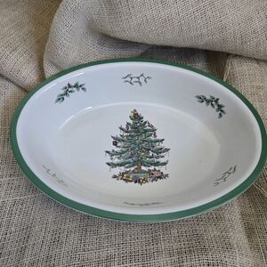 Spode VTG Christmas Tree Oven to Table Oval Rimmed Dish in White/Green